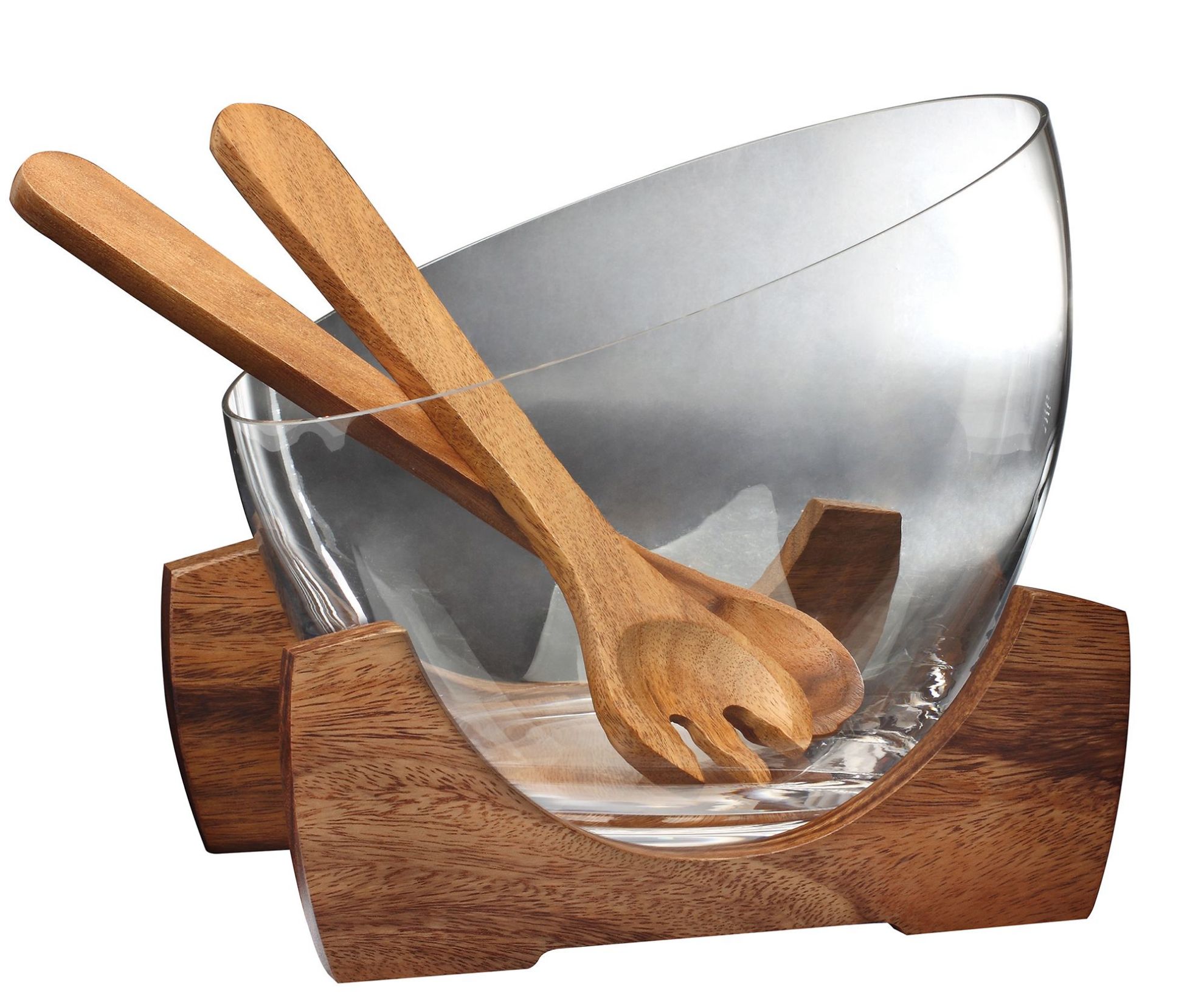 Glass salad bowl with wooden stand online